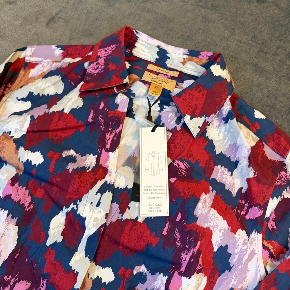 Investments Taylor Blouse Womens Size 12 Multicolor Non Iron 3/4 Sleeve Abstract